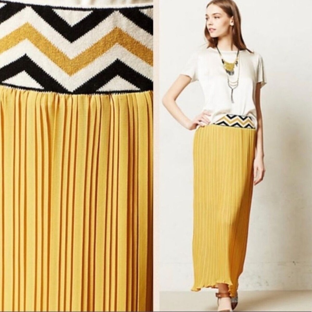 Lucy & Laurel Pleated Maxi Skirt Womens Size M Yellow Chevron Boho Art Deco